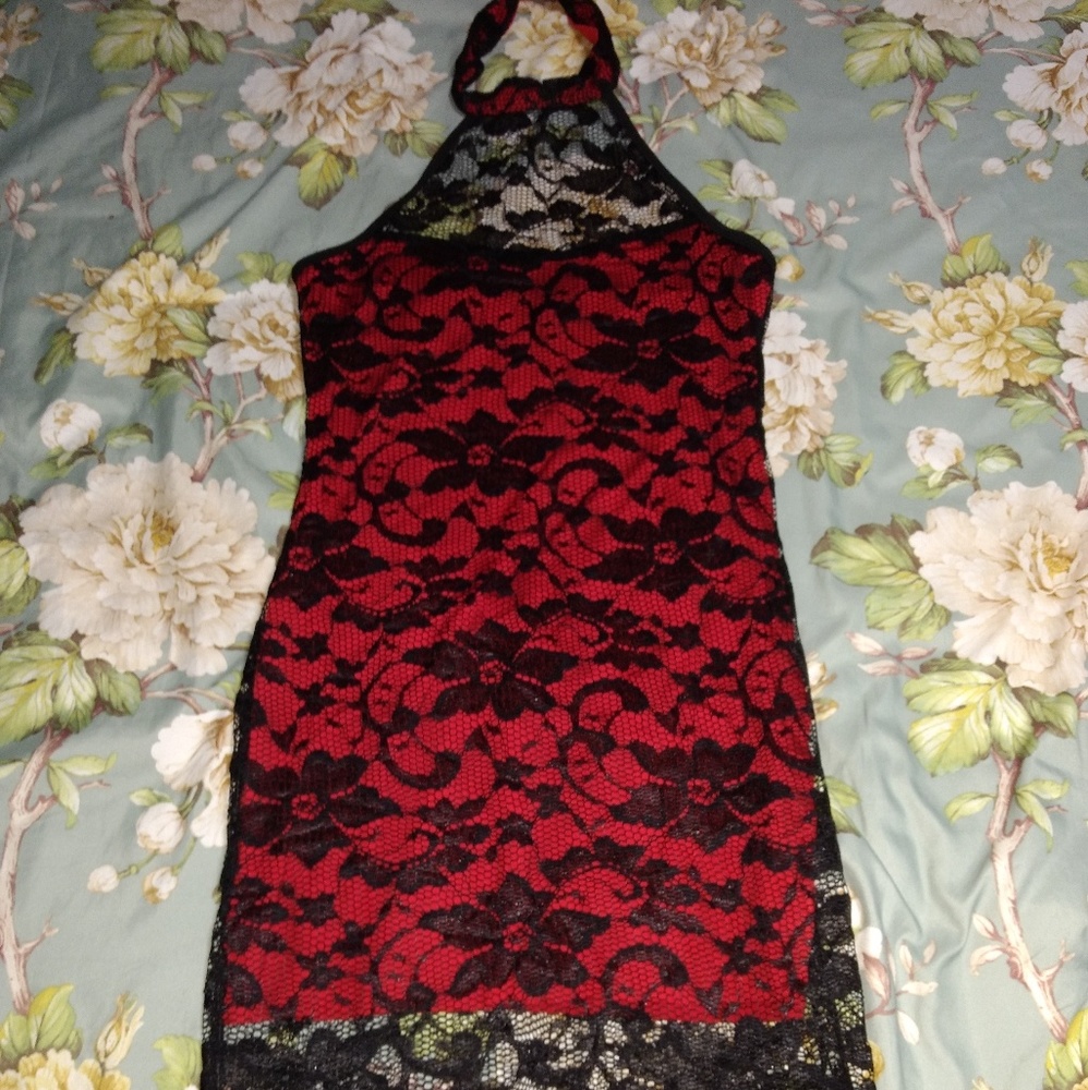 Red & Black Overlay Bodycon Dress